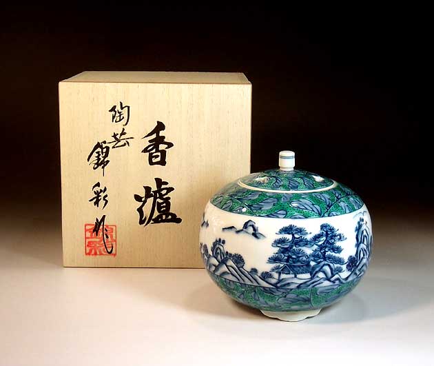 有田焼・言い慣わし作物染錦唐草山水絵香炉陶物作り絵描き 藤井錦彩 作