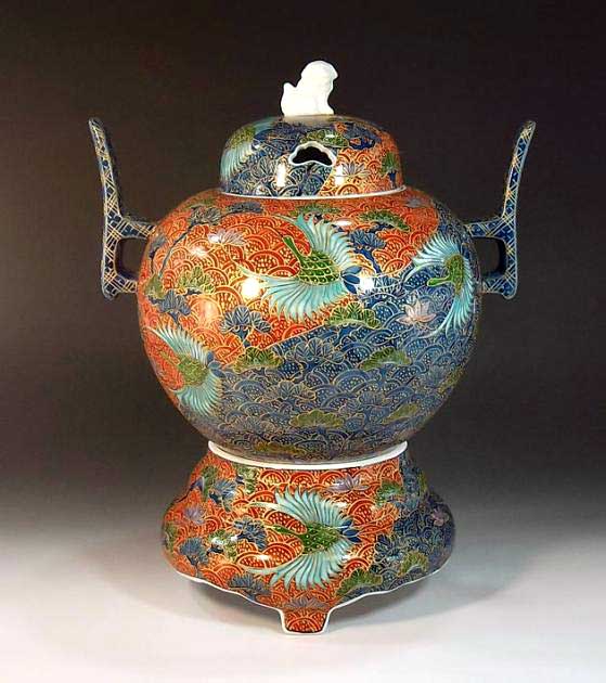 有田焼・言い慣わし芸術染錦金彩松鶴絵飾りつけ大香炉陶器作り絵書き 藤井錦彩 作