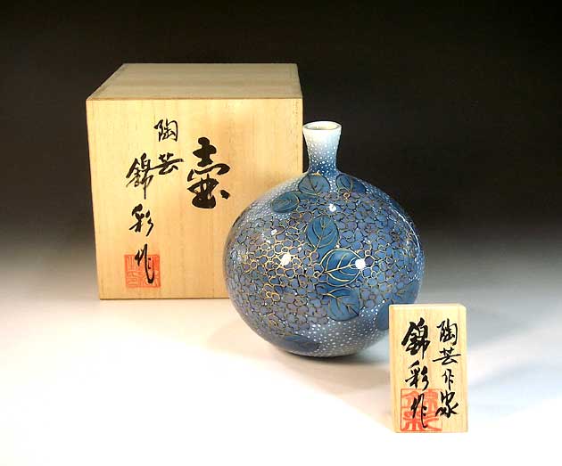 有田焼・言い慣わし芸術・総墨付き染錦金彩釉裏紅アジサイ絵飾りつけ花立て陶器作り絵書き 藤井錦彩 作