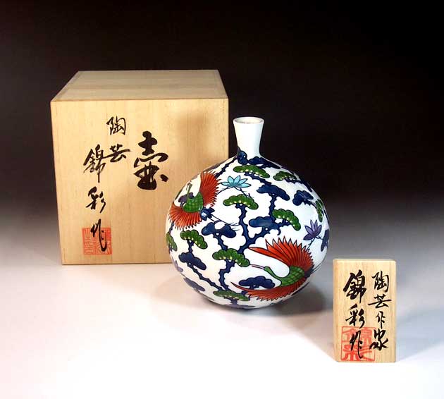 有田焼・言い慣わし芸術・総墨付き染錦松鶴文様飾りつけ花立て陶器作り絵書き 藤井錦彩 作
