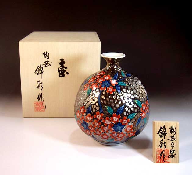 有田焼・言い慣わし芸術・総墨付き染錦プラチナ彩桜絵飾りつけ花立て陶器作り絵書き 藤井錦彩 作