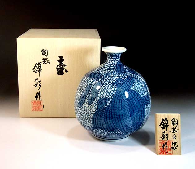 有田焼・言い慣わし芸術・総墨付き染付鶉絵飾りつけ花立て陶器作り絵書き 藤井錦彩 作