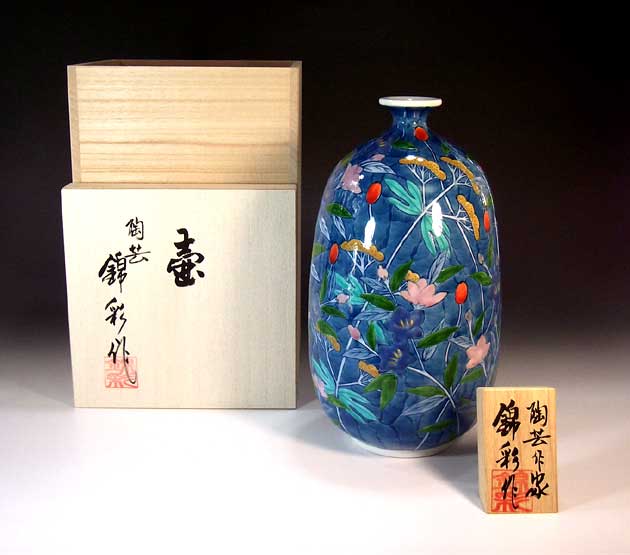 有田焼・伝統工芸・総手描き染錦草花文様飾り花瓶陶芸作家 藤井錦彩 作｜有田焼陶芸家　藤井錦彩