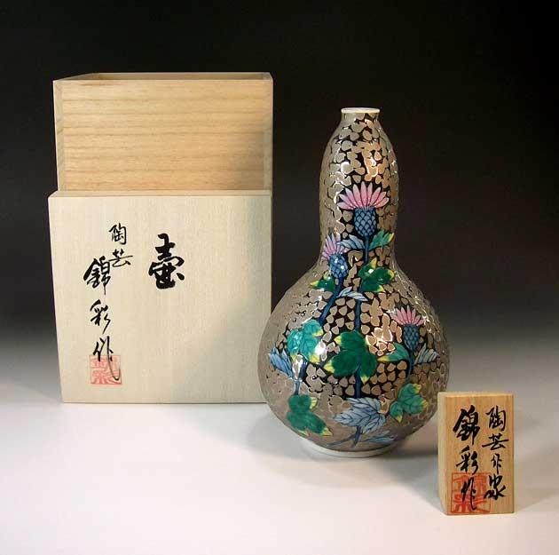 有田焼・言い慣わし芸術・総墨付き染錦プラチナ彩薊絵飾りつけ花立て陶器作り絵書き 藤井錦彩 作