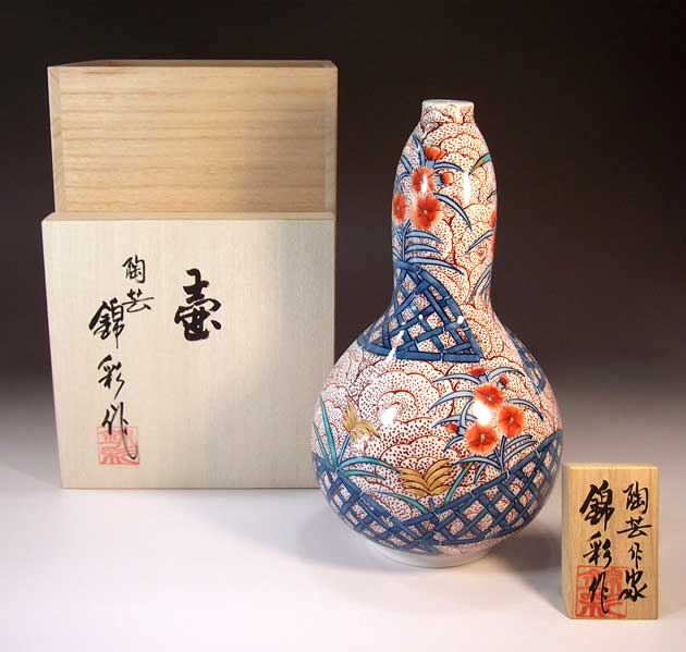 有田焼・言い慣わし芸術・総墨付き染錦朱雲撫子絵飾りつけ花立て陶器作り絵書き 藤井錦彩 作