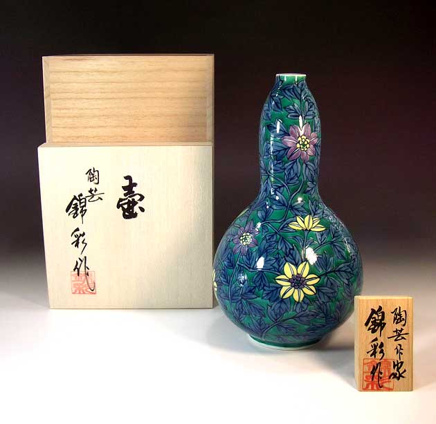 有田焼・伝統工芸・総手描き染錦鉄線花絵飾り花瓶陶芸作家 藤井錦彩 作｜有田焼陶芸家　藤井錦彩