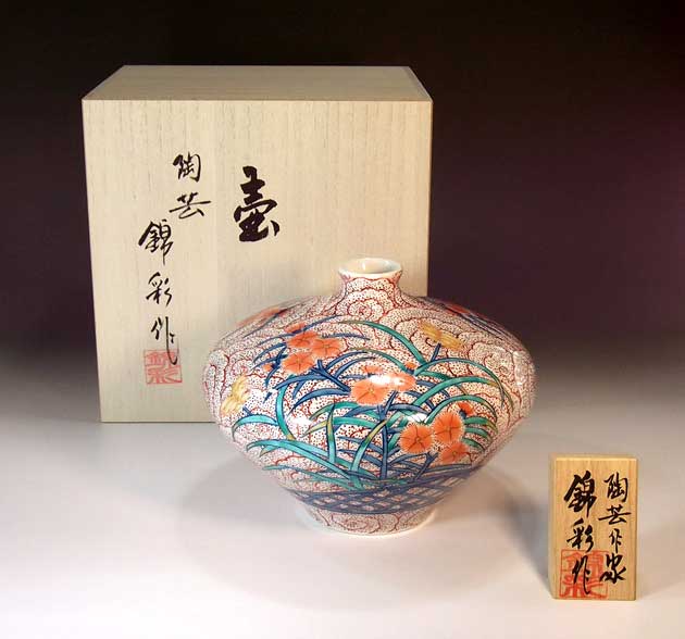 有田焼・伝統工芸・総手描き染錦朱雲撫子絵飾り花瓶陶芸作家 藤井錦彩 作｜有田焼陶芸家　藤井錦彩