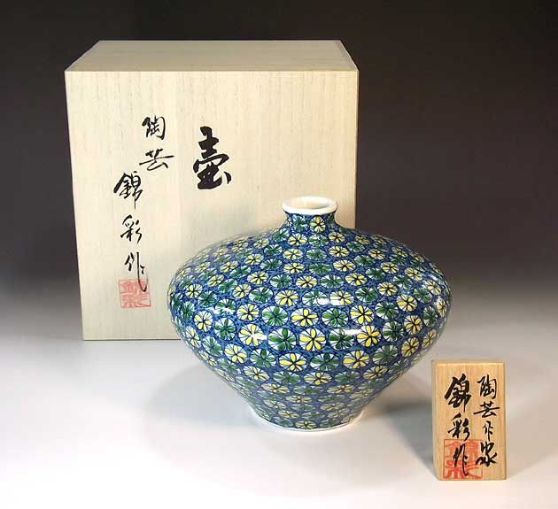 有田焼・言い慣わし芸術・総墨付き染錦小花文様飾りつけ花立て陶器作り絵書き 藤井錦彩 作