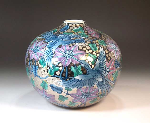 有田焼・言い慣わし芸術・総手書き染錦プラチナ彩鉄線花鳳凰絵飾りつけ花立て陶物作り執筆者 藤井錦彩 作
