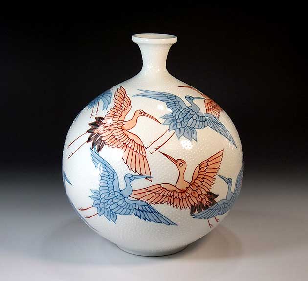 有田焼・言い慣わし芸術・総墨付き染錦群鶴絵飾りつけ花立て陶器作り絵書き 藤井錦彩 作