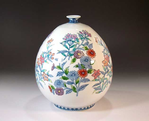有田焼・言い慣わし芸術・総墨付き染錦草野菊桔梗絵花飾りつけ花立て陶器作り絵書き 藤井錦彩 作
