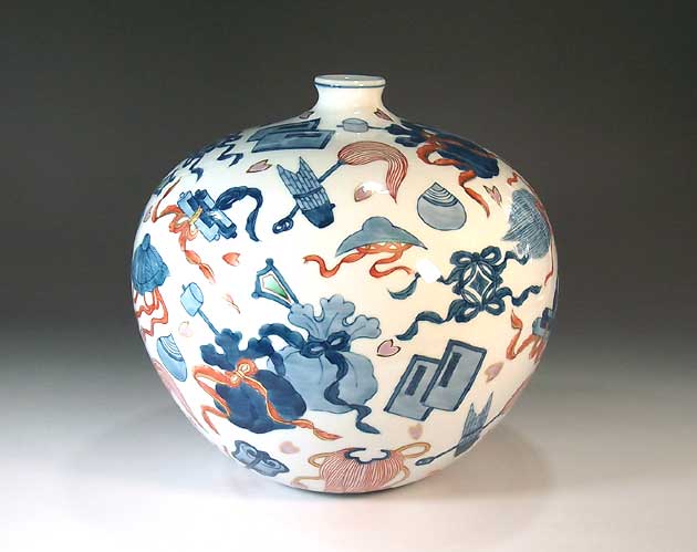有田焼・伝統工芸・総手描き染錦金彩吉祥宝尽くし文様飾り花瓶陶芸作家 藤井錦彩 作|有田焼陶芸家 藤井錦彩