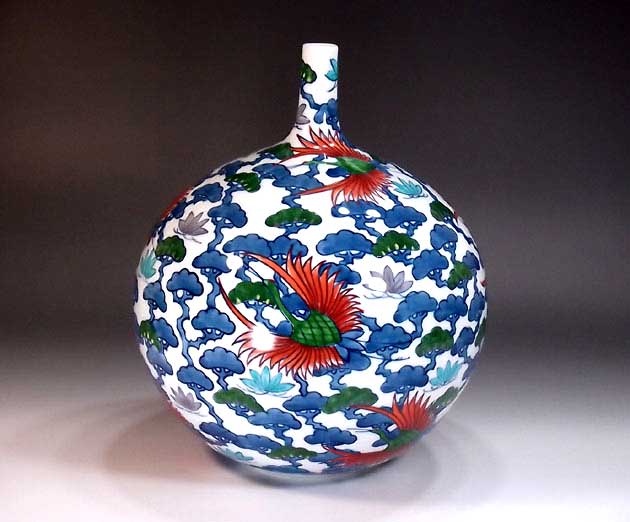 有田焼・言い慣わし芸術・総墨付き色鍋島表現スタイル松鶴絵飾りつけ花立て陶器作り絵書き 藤井錦彩 作