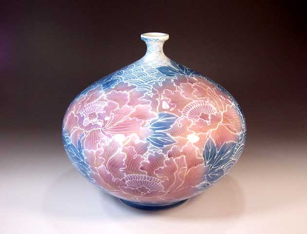 有田焼・言い慣わし芸術・総手書き染錦金彩釉裏紅青海波名取り草絵飾りつけ花立て陶物作り執筆者 藤井錦彩 作