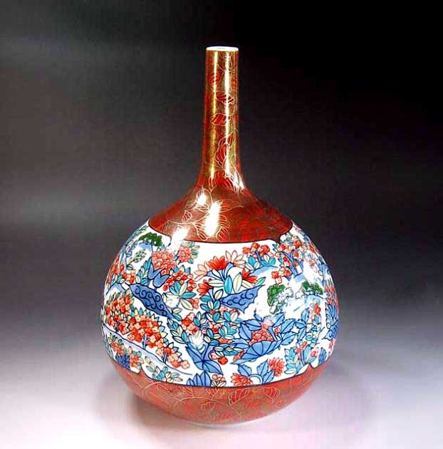 有田焼・伝統工芸・総手描き染錦金彩唐草花尽くし文様飾り鶴首花瓶陶芸作家 藤井錦彩 作|有田焼陶芸家 藤井錦彩