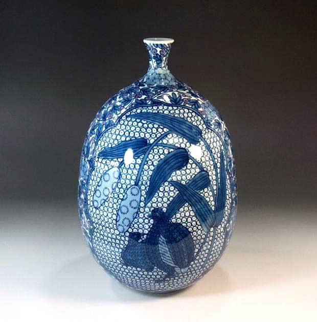 有田焼・伝統工芸・総手描き染錦唐草割鶉雀絵飾り花瓶陶芸作家 藤井錦彩 作|有田焼陶芸家 藤井錦彩