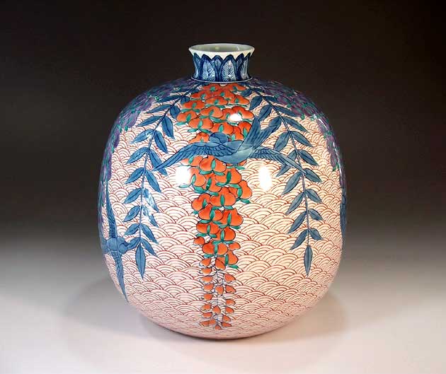 有田焼 伝統工芸 総手描き染錦青海波藤燕絵飾り花瓶陶芸作家 藤井錦彩 作 Hostalbuenosaires Cat