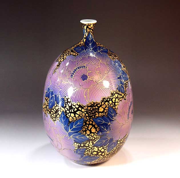 有田焼・伝統工芸・総手描き染錦黒釉金彩釉裏紅牡丹絵飾り花瓶陶芸作家 藤井錦彩 作|有田焼陶芸家 藤井錦彩