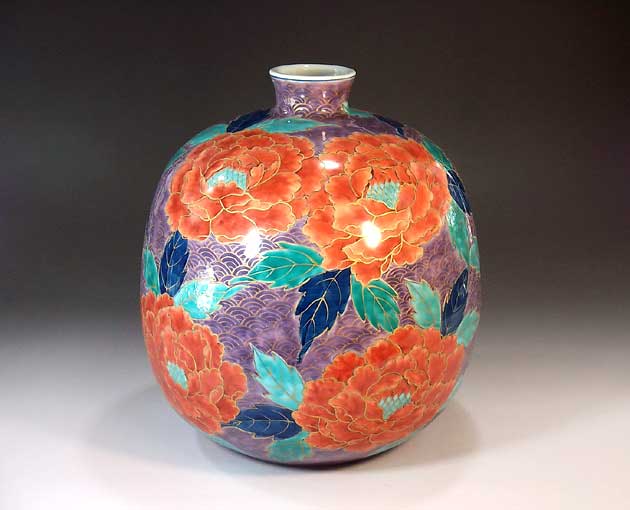 有田焼・言い慣わし芸術・総墨付き染錦金彩青海波名取り草絵飾りつけ花立て陶器作り絵書き 藤井錦彩 作