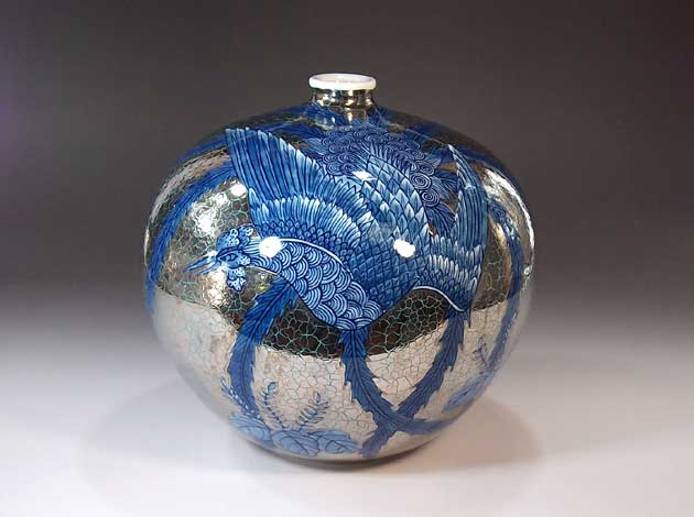 有田焼・伝統工芸・総手描き染錦プラチナ彩鳳凰絵飾り花瓶陶芸作家 藤井錦彩 作｜有田焼陶芸家　藤井錦彩