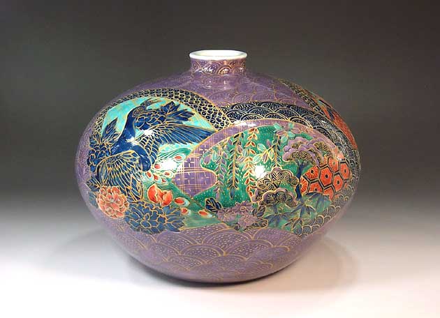 有田焼・言い慣わし芸術・総墨付き染錦金彩扇割花鳥絵飾りつけ花立て陶器作り絵書き 藤井錦彩 作