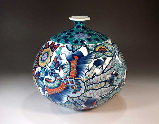 有田焼・言い慣わし芸術・総墨付き染錦名取り草唐草割鳳凰絵飾りつけ花立て陶物作り文筆家 藤井錦彩 作