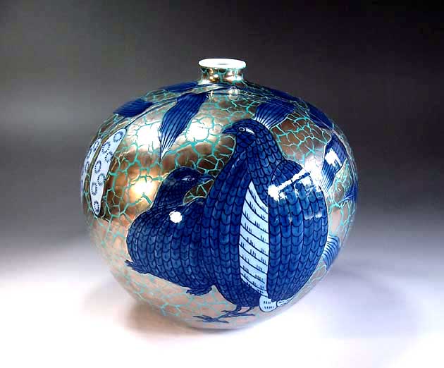 有田焼・言い慣わし芸術・総墨付きプラチナ彩鶉絵飾りつけ花立て陶器作り絵書き 藤井錦彩 作