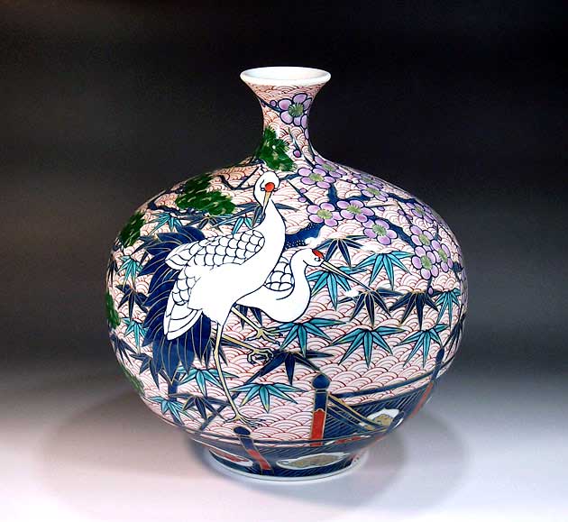 有田焼・言い慣わし芸術・総墨付き古伊万里表現スタイル金彩松竹梅鶴絵飾りつけ鶴首花立て陶器作り絵書き 藤井錦彩 作