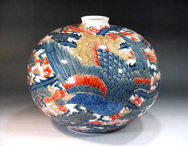 有田焼・言い慣わし芸術・総手書き古伊万里表現スタイル金彩満開桜鳳凰絵飾りつけ花立て陶物作り執筆者 藤井錦彩 作