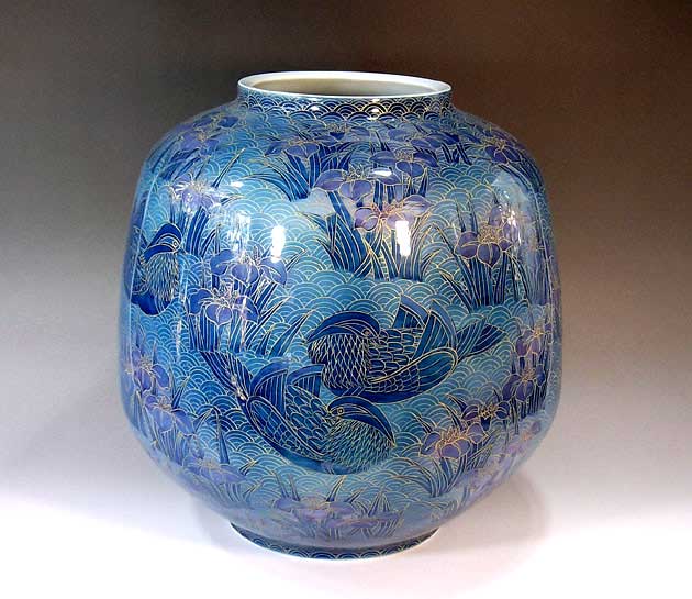 有田焼・言い慣わし芸術・総手書き金彩釉裏紅花ショウブ鴛鴦絵花立て陶物作り執筆者 藤井錦彩 作