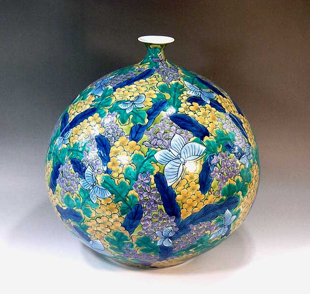 有田焼・言い慣わし芸術・総墨付き染錦菜の花蝶絵飾りつけ花立て陶器作り絵書き 藤井錦彩 作