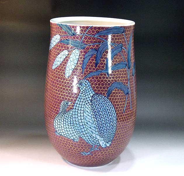 有田焼・言い慣わし芸術・総墨付き染錦金彩鶉絵飾りつけ花立て陶器作り絵書き 藤井錦彩 作