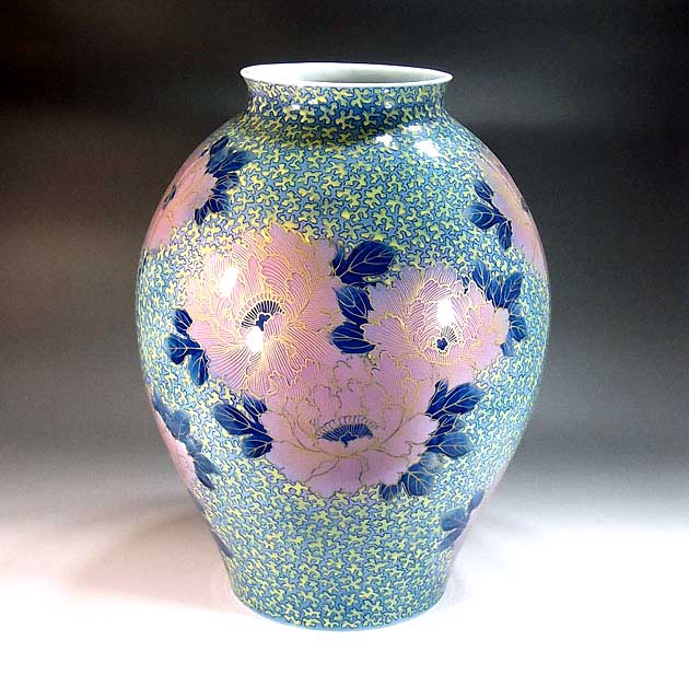 有田焼・伝統工芸・総手描き金彩釉裏紅牡丹絵花瓶陶芸作家 藤井錦彩 作｜有田焼陶芸家　藤井錦彩