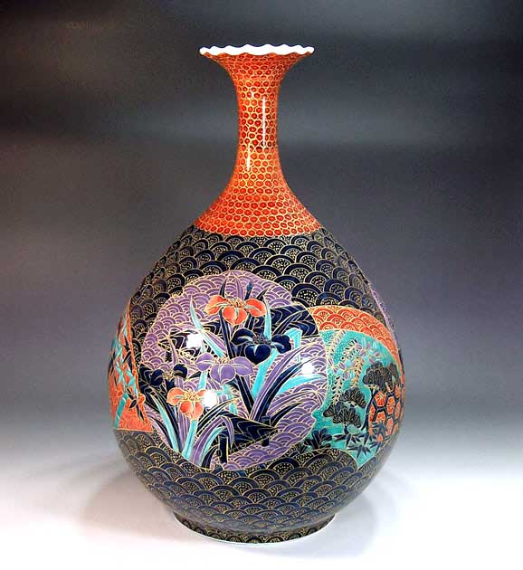 有田焼・言い慣わし芸術・総墨付き染錦金彩青海波扇割松竹梅絵飾りつけ花立て陶器作り絵書き 藤井錦彩 作