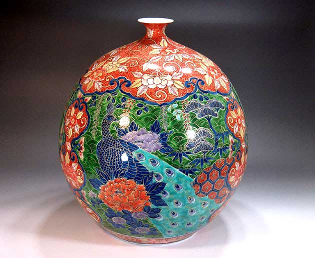 有田焼・言い慣わし芸術・総墨付き染錦金彩花鳥図飾りつけ花立て陶器作り絵書き 藤井錦彩 作