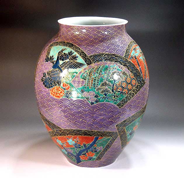 有田焼・言い慣わし芸術・総墨付き金彩青海波扇割花鳥絵花立て陶器作り絵書き 藤井錦彩 作
