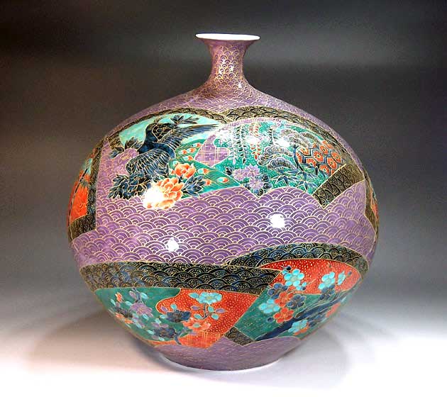 有田焼・言い慣わし芸術・総墨付き金彩青海波扇割花鳥絵飾りつけ花立て陶器作り絵書き 藤井錦彩 作