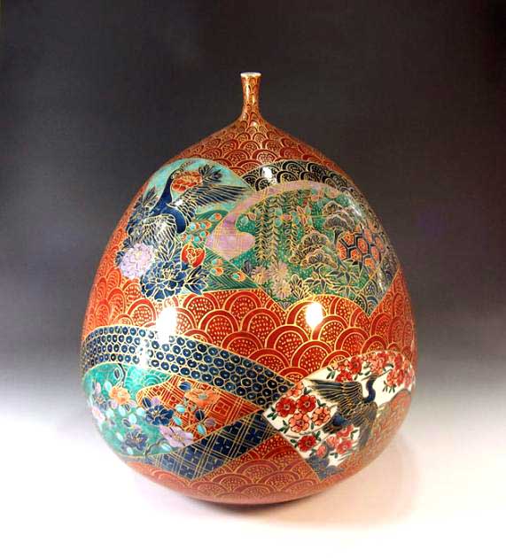 有田焼・言い慣わし芸術・総墨付き染錦金彩青海波扇割花鳥絵飾りつけ花立て陶器作り絵書き 藤井錦彩 作