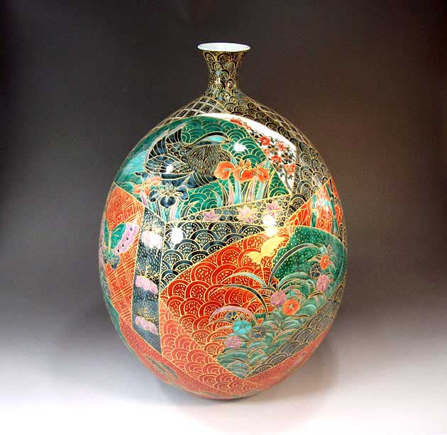 有田焼・言い慣わし芸術・総墨付き金彩青海波花鳥絵飾りつけ花立て陶器作り絵書き 藤井錦彩 作