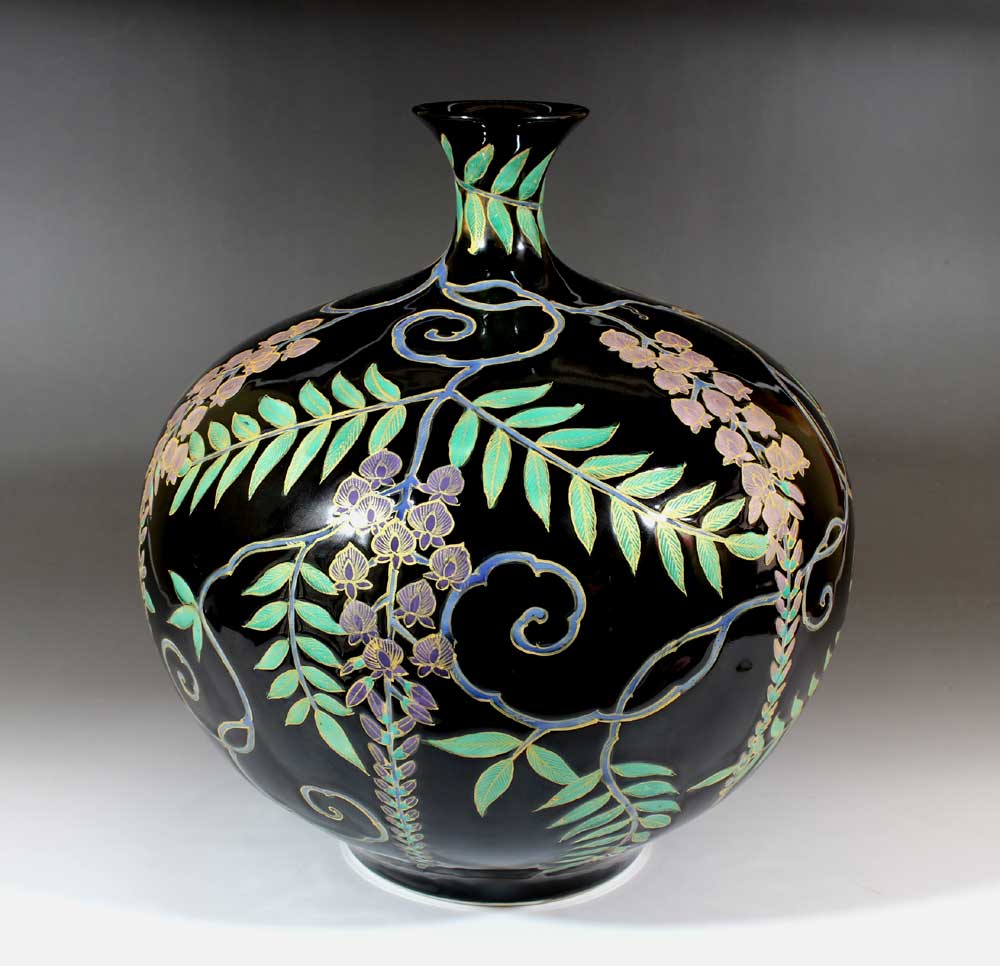 有田焼・言い慣わし芸術・総墨付き天目釉金彩藤絵飾花立て陶器作り絵書き 藤井錦彩 作