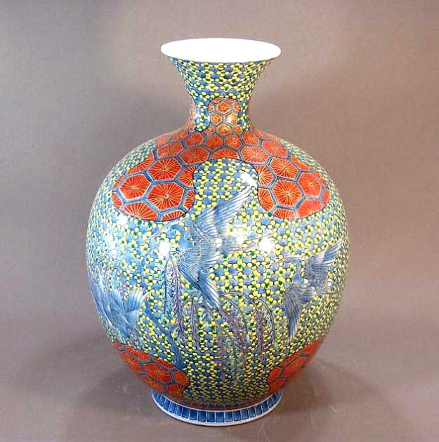 有田焼・言い慣わし芸術・総墨付き染錦金彩亀甲文様小梅鷺絵特大花立て陶器作り絵書き 藤井錦彩 作