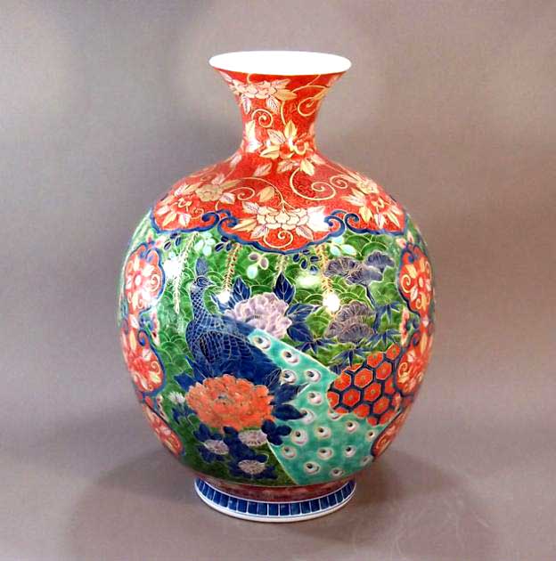 有田焼・言い慣わし芸術・総墨付き染錦金彩花鳥図特大花立て陶器作り絵書き 藤井錦彩 作