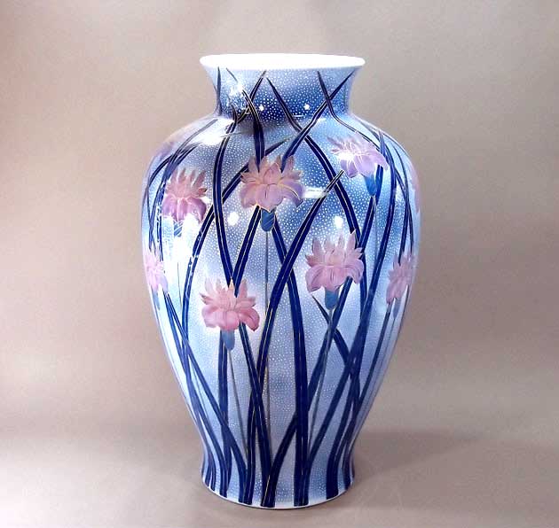 有田焼・言い慣わし芸術・総墨付き染錦金彩釉裏紅花ショウブ絵特大花立て陶器作り絵書き 藤井錦彩 作