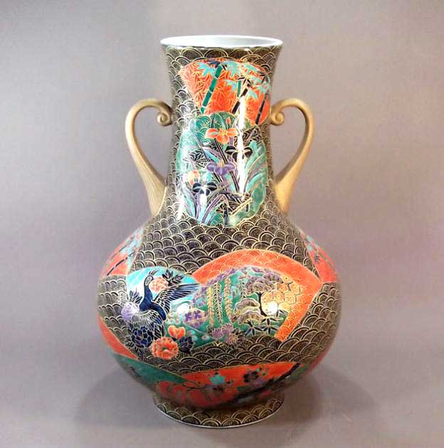 有田焼・言い慣わし芸術・総墨付き染錦金彩青海波花鳥絵特大花立て陶器作り絵書き 藤井錦彩 作