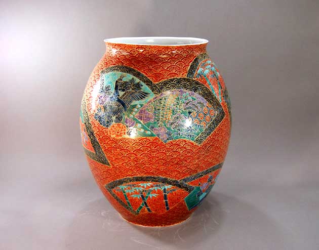 有田焼・言い慣わし芸術・総墨付き金彩扇割青海波花鳥絵特大花立て陶器作り絵書き 藤井錦彩 作