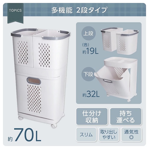 【7Life】ランドリーワゴン 折り畳み キャスター付き ホワイト【送料無料！】