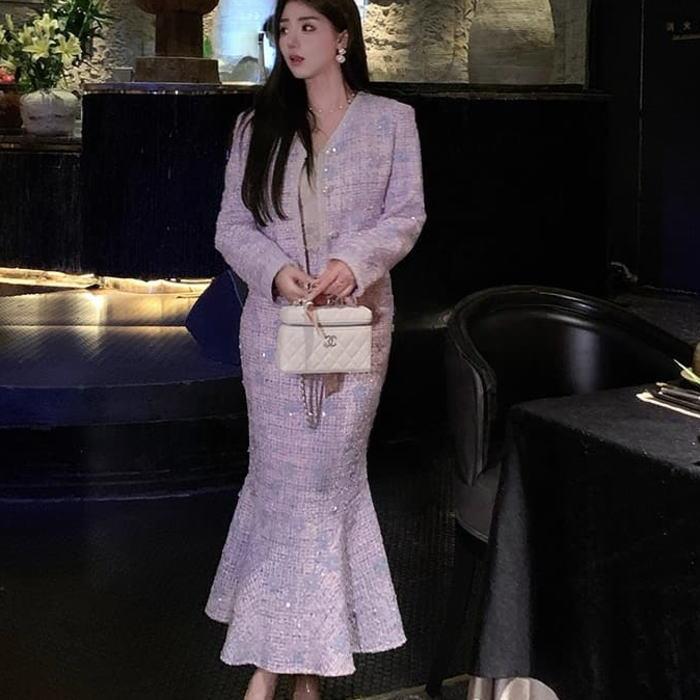 上 紫 パープル 背広 スコート ミニ きつい ロング 人魚 上衣 長袖 スパンコール ツィード 否色合い レディース