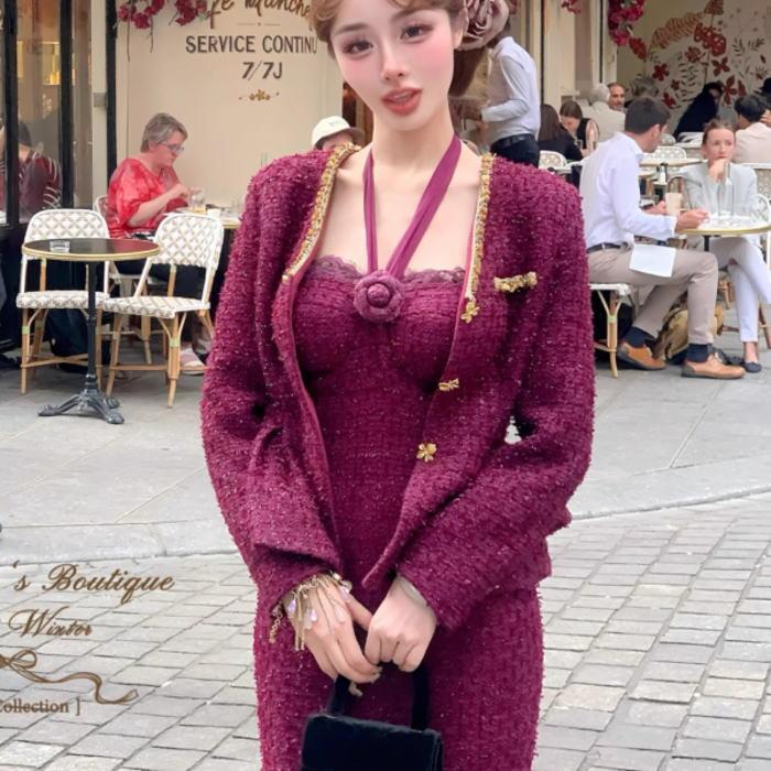パープ スーツ ワンピース ロング タイト ホルターネック ジャケット 長袖 カメリア スパンコール ツイード Vネック レディース|Fabulous 店