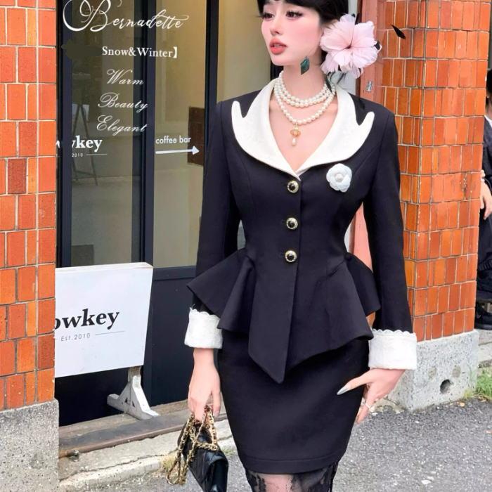 黒いこと 背広 スコート ロング ミモレ きつい 上衣 長袖 ペプラム 胸飾り カメリア 襟 スピード競技 バイ色合い レディース