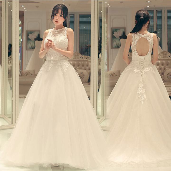 背中見せ ドレス ウェディングドレス ロングドレス ロング ロング丈 ノースリーブ 袖なし プリンセス レース チュール シフォン フリル リボン ウエストマーク ウエストリボン 透け感 シースルー 胸元 かわいい 大人可愛い きれいめ 上品【wdm-1037】